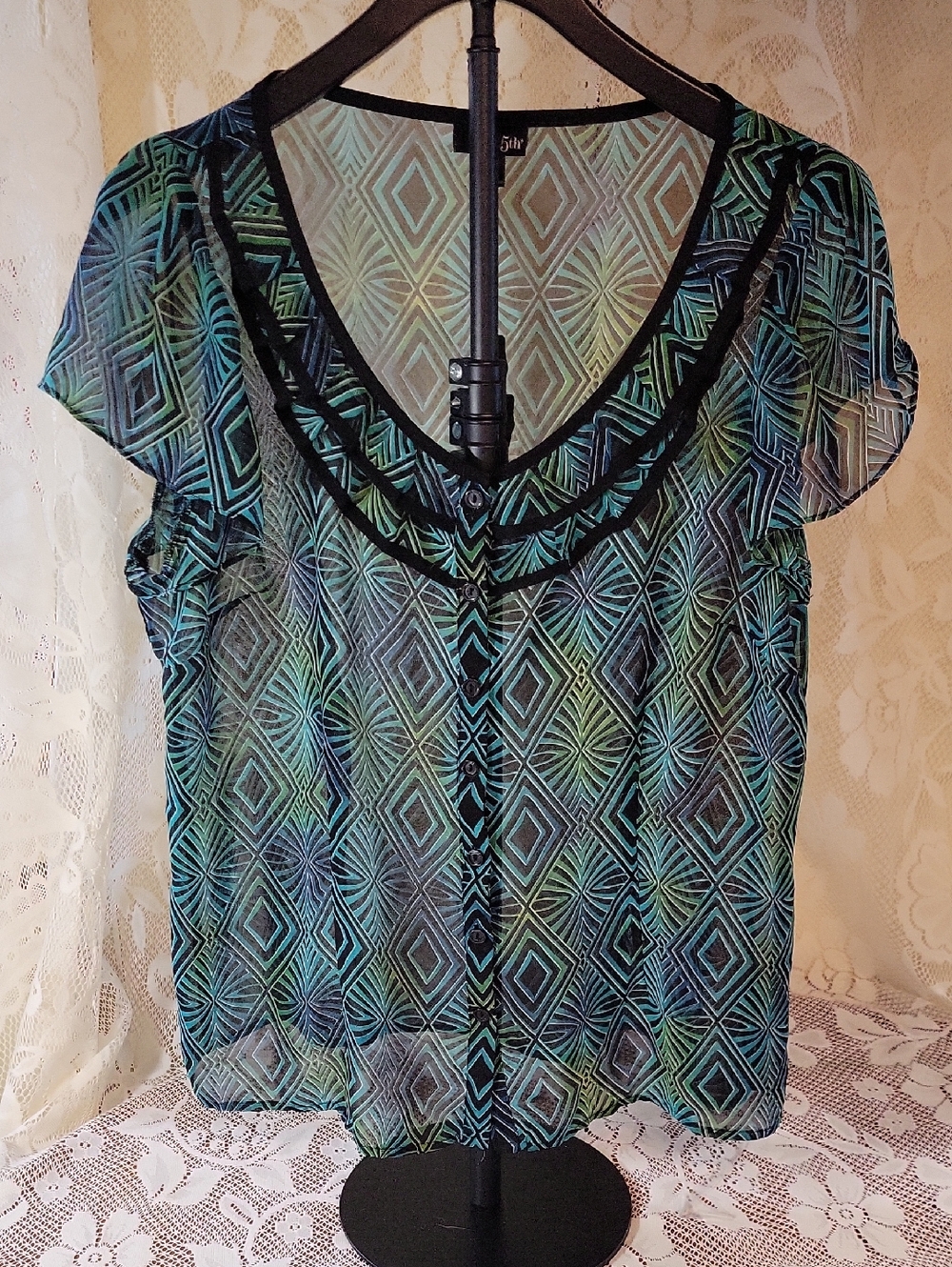 East 5th Teal and Black Geometric Sheer V-Neck Blouse
